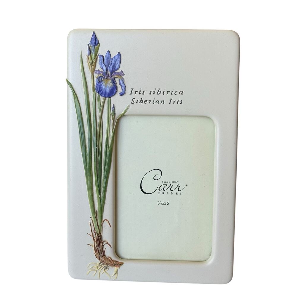 Vtg Carr Blue Purple Iris Floral Ceramic Picture Frame 3.5"x5" Cottage Farmhouse